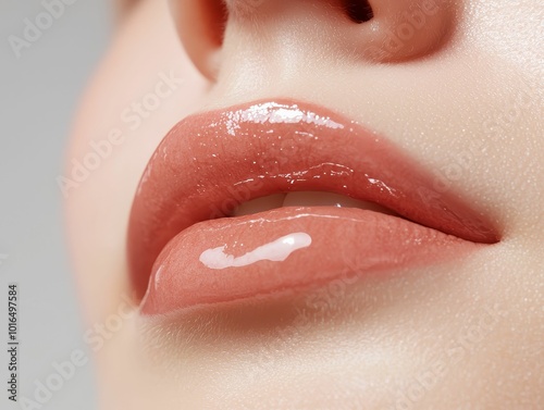 Close-up of a model's lips with glossy lipstick, perfect application, rich colors, glamorous setting