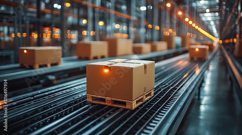 boxes on a conveyor belt in a warehouse symbolizing logistics and supply chain management.stock image