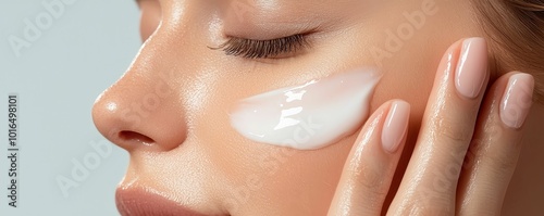 Close-up of a woman's skincare and makeup routine, applying moisturizer before makeup, glowing skin photo