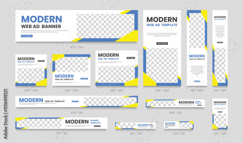 Google promotion kit banner template design for web page, ads, background, backdrop, flyer, card. Business web banners template set. Vertical, horizontal and square ads template layout.