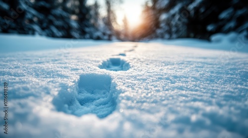 A closeup view of footprints in deep snow leading into a forest at sunrise, highlighting the quietude and introspection of a winter's morning adventure. photo