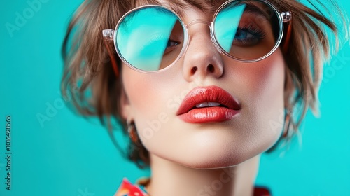 An artistic portrait featuring retro sunglasses against a turquoise background conveys a sense of modern fashion fused with a timeless, expressive aesthetic.