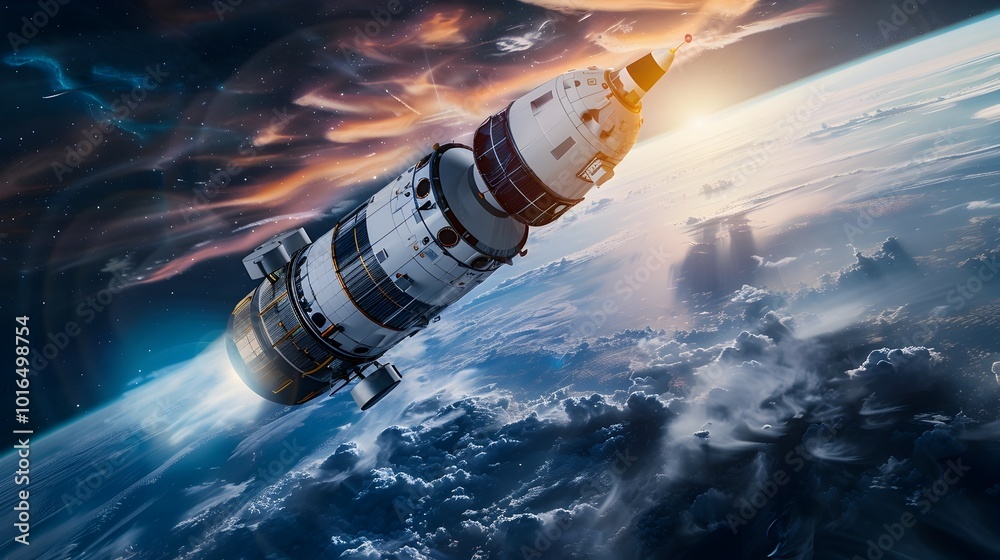 Space Rocket Aligning for Docking with Rotating Space Station at Sunset Space Rocket Aligning for Docking with Rotating Space Station at Sunset