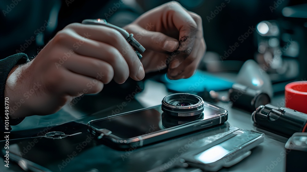 Skilled Technician Meticulously Repairing Damaged on Smartphone Skilled Technician Meticulously Repairing Damaged on Smartphone