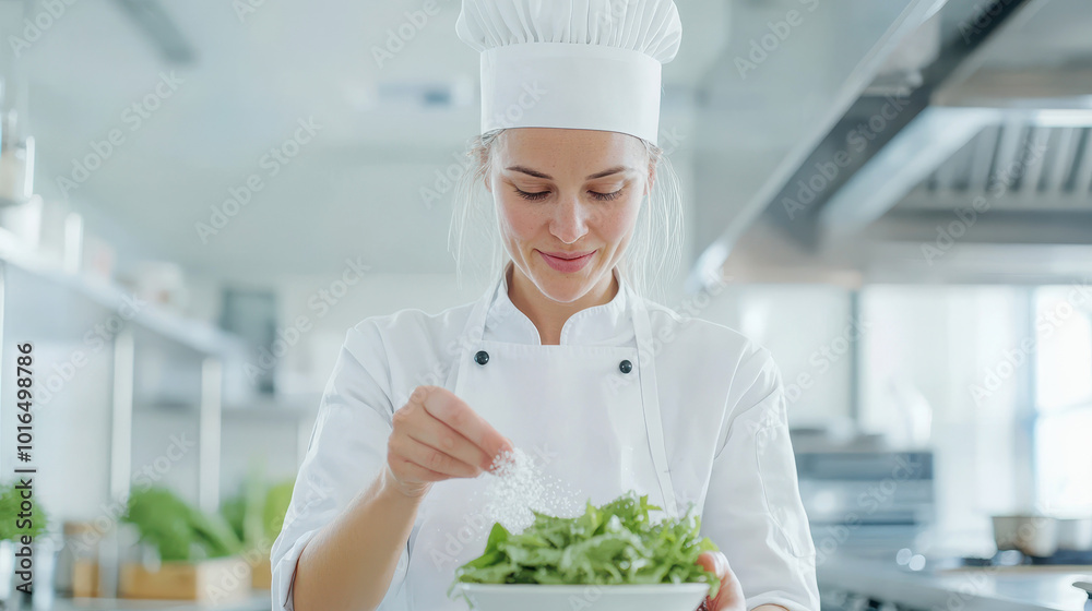 Young female chef in a professional kitchen attentively sprinkling salt on a fresh green salad in white chef's uniform, demonstrating culinary expertise and precision in organic cooking preparation. Young female chef in a professional kitchen attentively sprinkling salt on a fresh green salad in white chef's uniform, demonstrating culinary expertise and precision in organic cooking preparation.