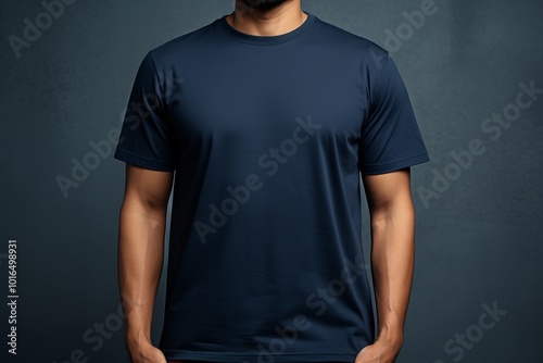 Front view of man wearing a navy blue t-shirt, perfect mockup for apparel design, showcasing a simple and versatile clothing style photo