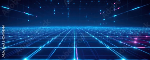 Cyber grid with glowing neon blue lines, digital matrix, vast horizon, empty space for advertising