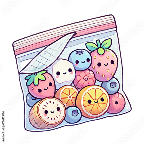 A colorful bag of cute, smiling fruits, featuring strawberries, blueberries, and oranges on a white background. photo