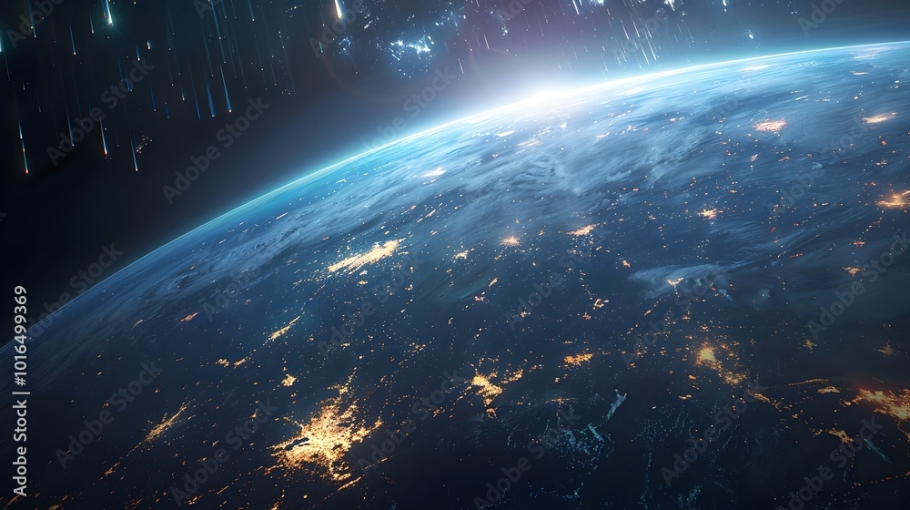 Futuristic Cityscape with Glowing Energy Beams Connecting Sprawling Metropolises Across the Planet Futuristic Cityscape with Glowing Energy Beams Connecting Sprawling Metropolises Across the Planet