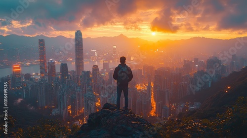 businessman standing atop a mountain peak overlooking a city landscape vision and success concept underscoring the achievement of reaching one s goals triumphant moment.illustration