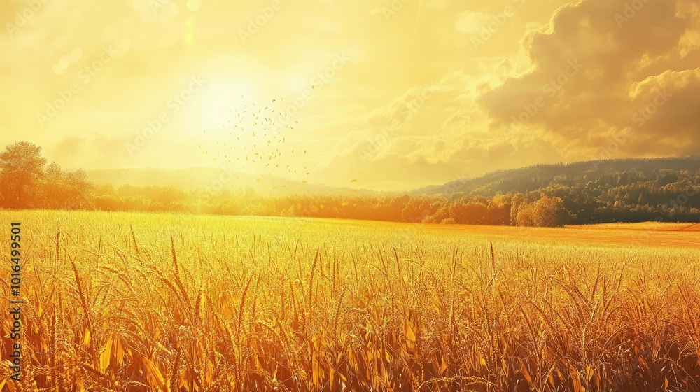 A panoramic view of a cornfield during harvest, with the golden corn glistening in the sunlight. A panoramic view of a cornfield during harvest, with the golden corn glistening in the sunlight.