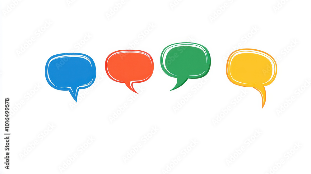 Colorful speech bubble icons in red, blue, green, and yellow representing communication and creativity for social media, blogs, and marketing projects. Colorful speech bubble icons in red, blue, green, and yellow representing communication and creativity for social media, blogs, and marketing projects.