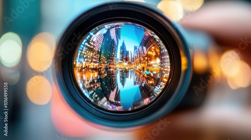 A city skyline is creatively reflected in a camera lens, offering a unique and artistic perspective of urban lights and architecture in a vibrant cityscape setting. photo