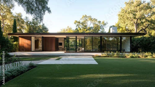 Newly built modern Australian home has a minimalist façade. With a large glass panel decorated with wood