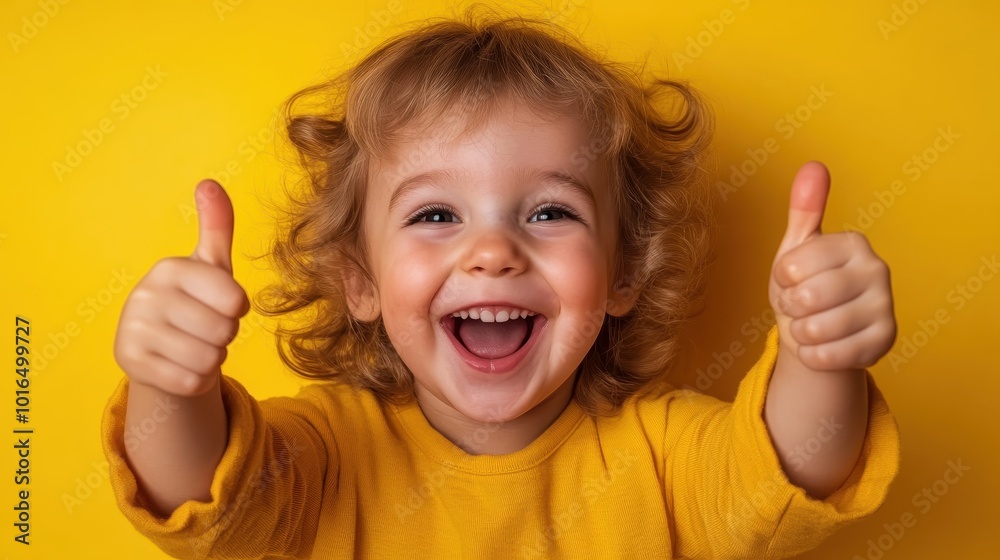 A bright and cheerful portrait of a child in a yellow shirt, smiling broadly and giving a thumbs up, embodying a burst of joyful energy and innocence. A bright and cheerful portrait of a child in a yellow shirt, smiling broadly and giving a thumbs up, embodying a burst of joyful energy and innocence.