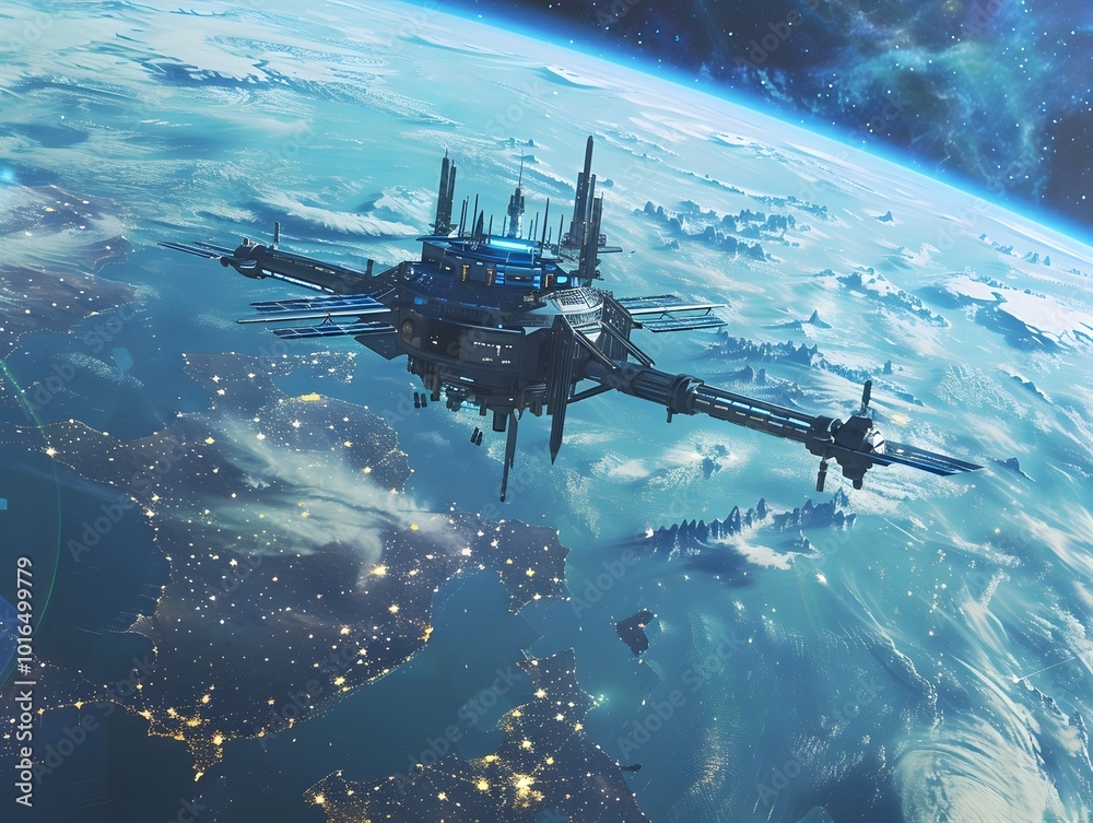 Naklejka premium Futuristic Space Station Orbiting Earth Symbolizing Humanity s Technological Advancement