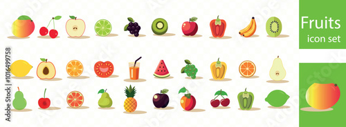 Fruits icon set. Containing apple, banana, strawberry, orange, watermelon, coconut, avocado and lemon icons. Solid icon collection. Vector