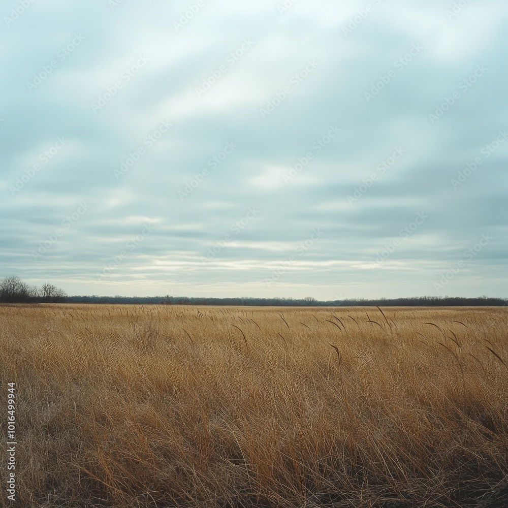 Fototapeta premium A panoramic view of a flat, wide-open field under a cloudy sky, with tall grass swaying in the wind