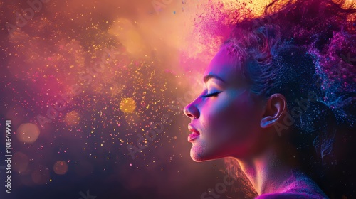 Side profile of woman with colorful powder against vibrant orange and purple background