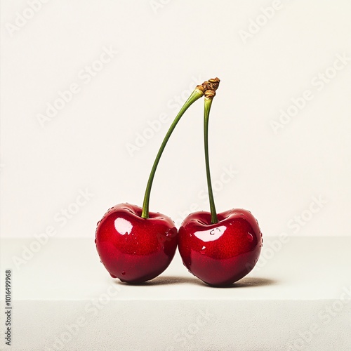 Two Red Cherries with Stems on White Background Fresh Fruit Summer Sweet Nature