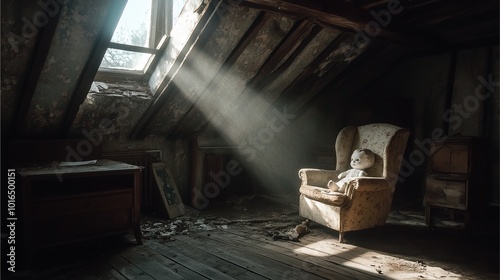 A dimly lit attic with old, dusty furniture and a single beam of light coming through a cracked window, illuminating a creepy porcelain doll photo