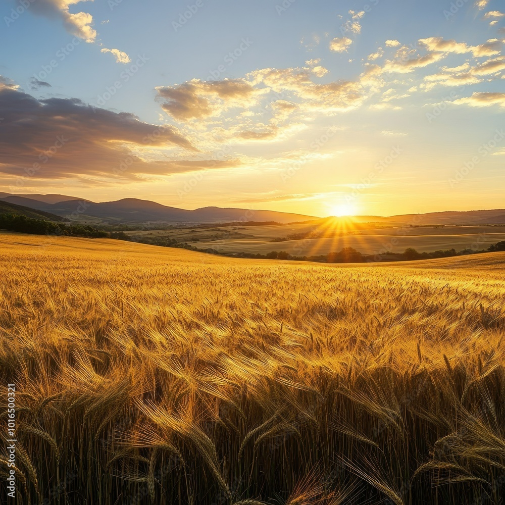 Obraz premium A panoramic view of a golden wheat field under a setting sun, with long shadows stretching across the landscape
