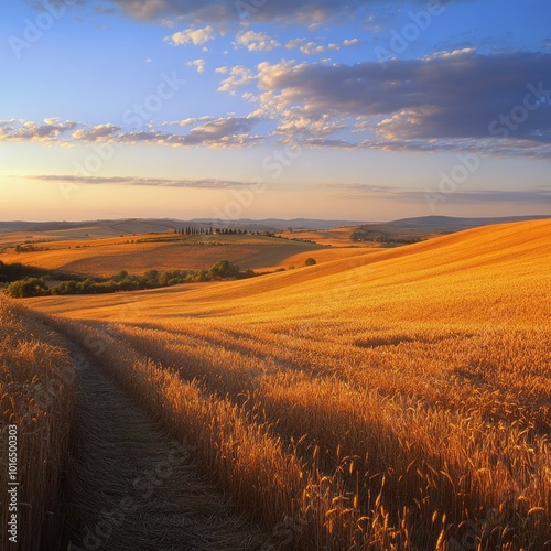 A panoramic view of a golden wheat field under a setting sun, with long shadows stretching across the landscape