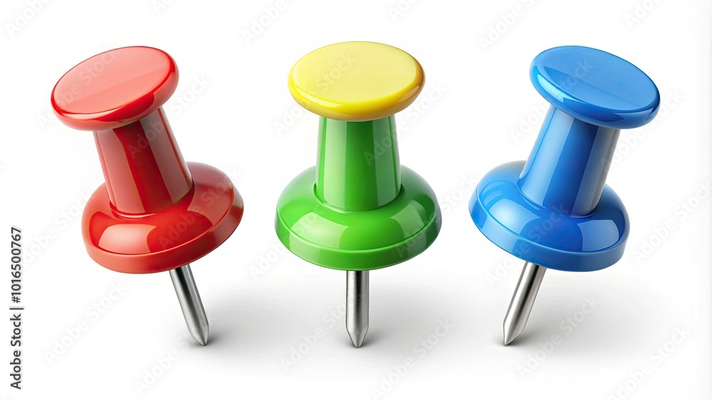Three vibrant push pins on a white backdrop, perfect for office or craft tasks. Great for adding a touch of creativity to your organization needs. Three vibrant push pins on a white backdrop, perfect for office or craft tasks. Great for adding a touch of creativity to your organization needs.
