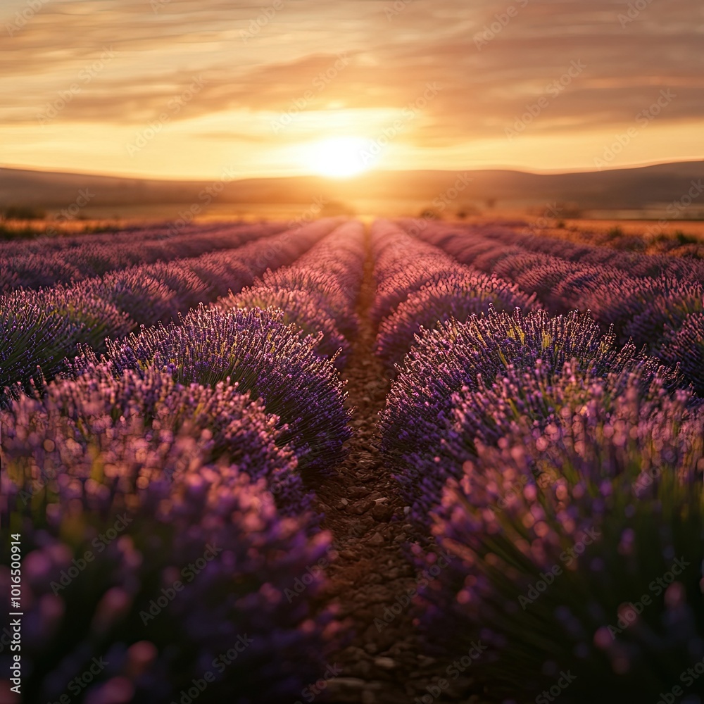Fototapeta premium A panoramic view of a lavender field in full bloom, with rows of purple flowers stretching toward the horizon under a golden sunset