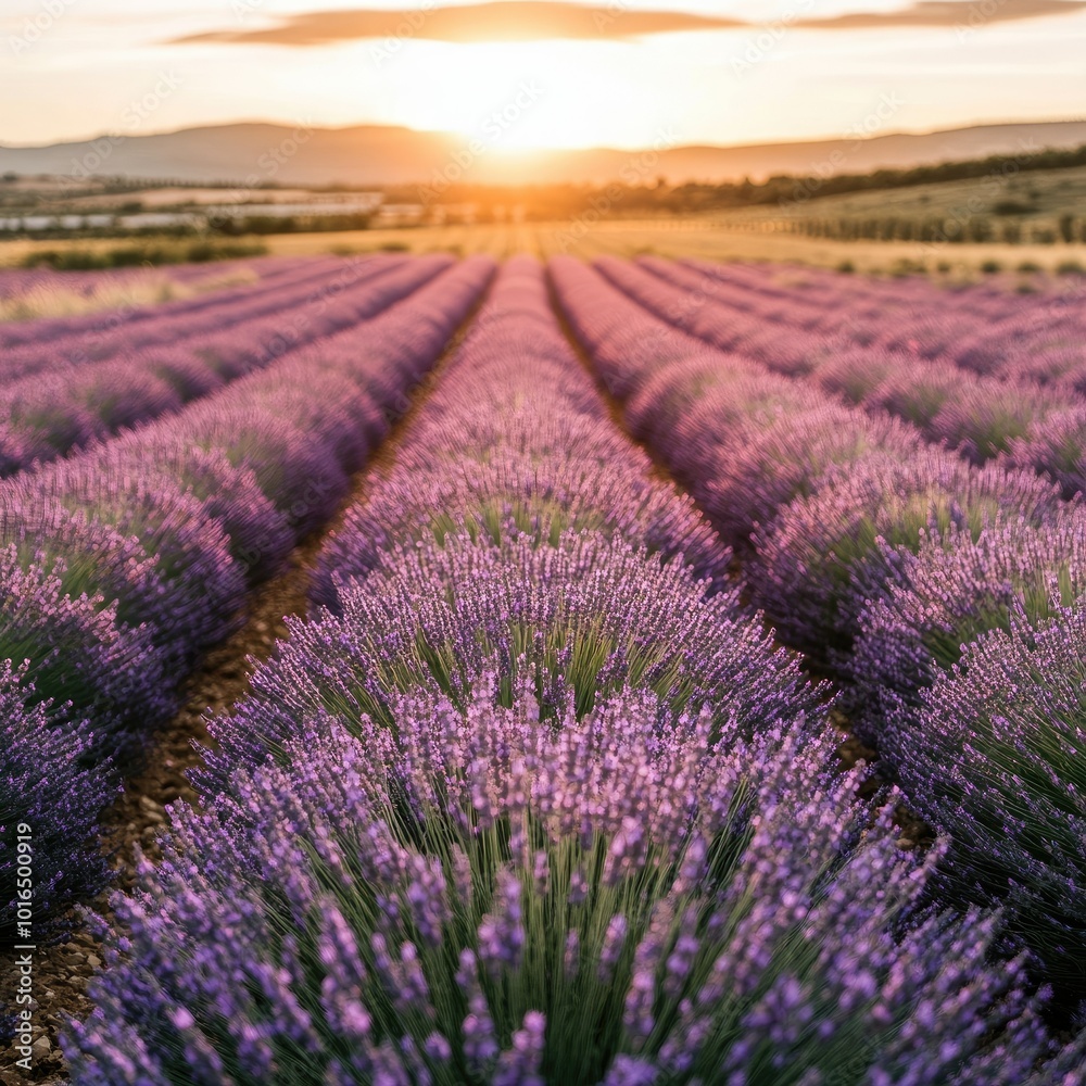 Fototapeta premium A panoramic view of a lavender field in full bloom, with rows of purple flowers stretching toward the horizon under a golden sunset