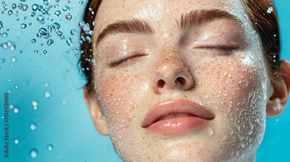Model applying hydrating mist, with water droplets floating in the air, cool and refreshing vibe Model applying hydrating mist, with water droplets floating in the air, cool and refreshing vibe