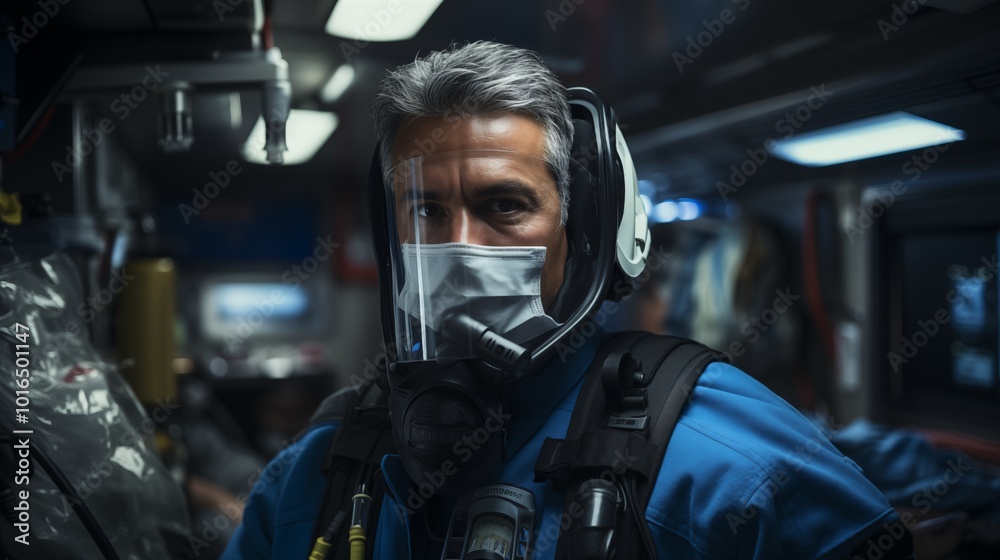 Paramedic wearing a mask standing inside an ambulance, arms crossed with a determined expression, emergency medical. Paramedic wearing a mask standing inside an ambulance, arms crossed with a determined expression, emergency medical.