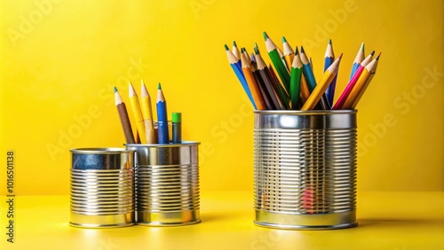 Transform tin cans into vibrant pencil and pen holders on a bright yellow background. Discover eco-friendly stationery ideas that brighten your workspace and reduce waste.