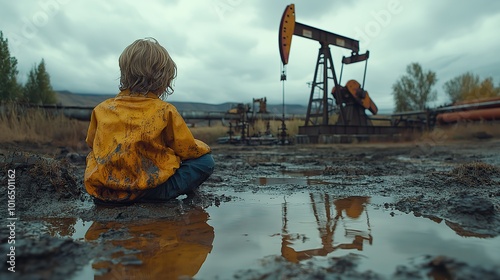 child sits in a contaminated environment playing,toxic crude oil in a puddle while an industrial oil pump jack operates relentlessly in the background symbolizing environmental neglect.stock image
