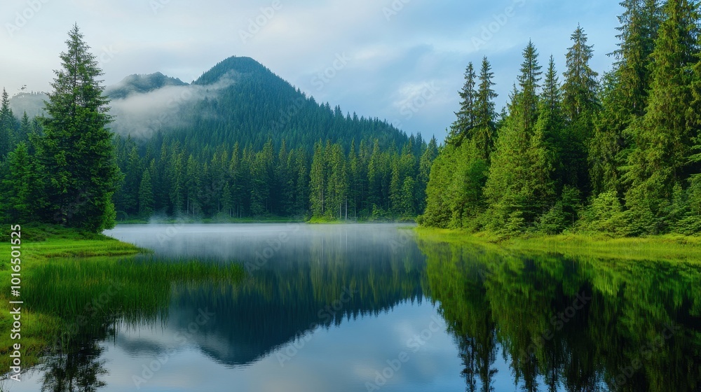Misty morning over a tranquil lake surrounded by dense forest, mirror-like water reflecting the trees Misty morning over a tranquil lake surrounded by dense forest, mirror-like water reflecting the trees