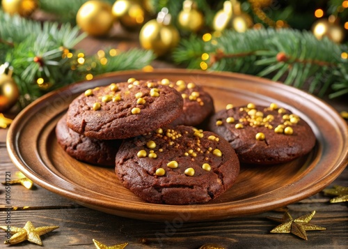 Tres galletas de chocolate con chispas doradas, servidas en un plato navideño, son una deliciosa y festiva opción que alegrará tu celebración navideña. photo