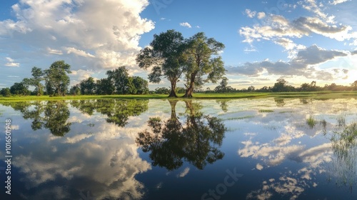A panoramic view of flooded rice paddies, reflecting the sky and surrounding trees in the late afternoon.