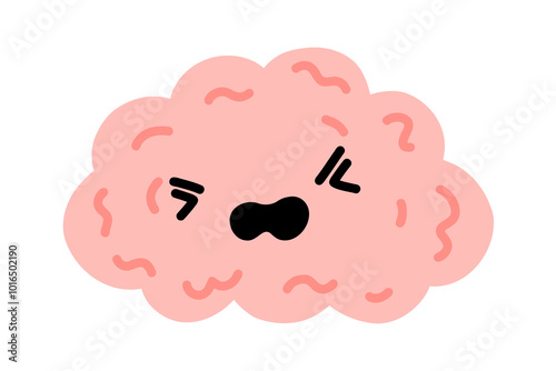 Kawaii angry stress depressive brain character. Adorable curious human brain with face. Cartoon character isolated on white background. Hand drawn symbols of healthy and depressive mind.
