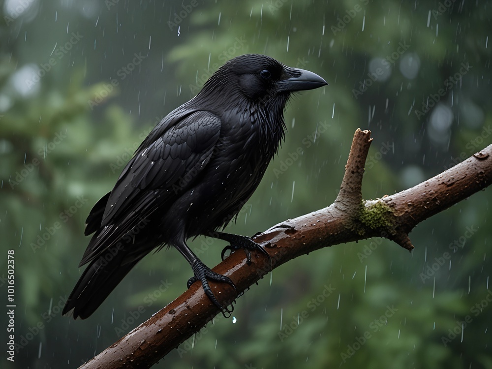 lonely crow raven bird sits on a branch in summer spring in the rain AI generated lonely crow raven bird sits on a branch in summer spring in the rain AI generated