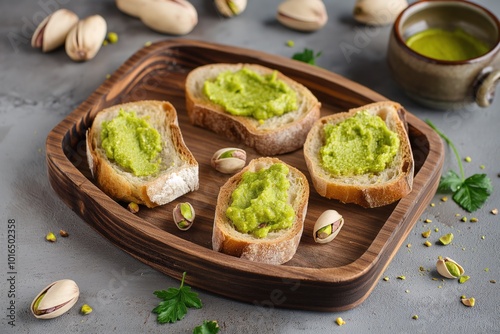 Wooden tray holds four bread slices with green pistachio paste drizzled over. Sliced bread arranged in square formation, gray grunge background with scattered leaves and nuts.