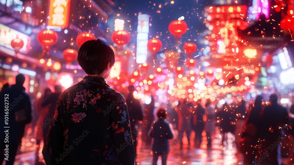 Vibrant Street Scene with Lanterns and Crowd in Evening Chinese City Vibrant Street Scene with Lanterns and Crowd in Evening Chinese City