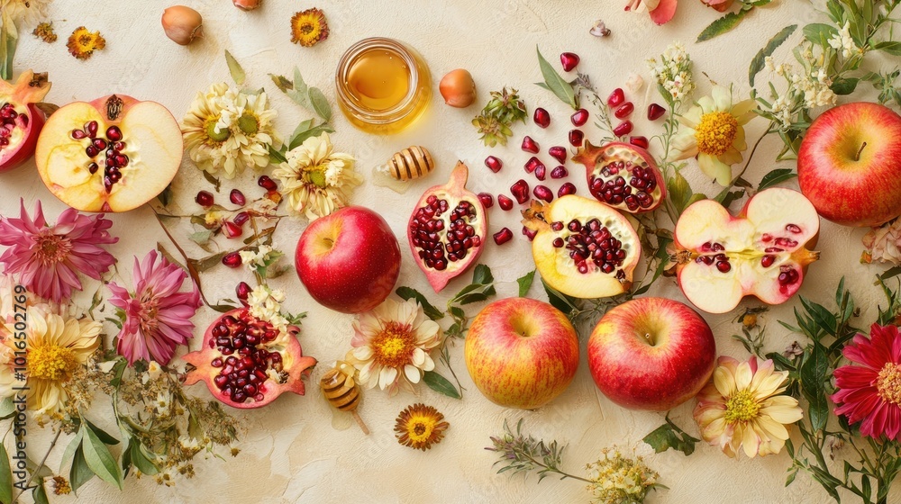 A charming flat lay of Rosh Hashanah symbols, featuring apples, honey, and pomegranates, artistically arranged with summer flowers on a beige background, perfect for Shana Tova celebrations A charming flat lay of Rosh Hashanah symbols, featuring apples, honey, and pomegranates, artistically arranged with summer flowers on a beige background, perfect for Shana Tova celebrations