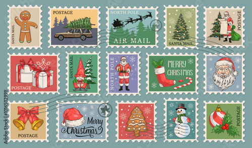 Christmas postage stamps colorful set