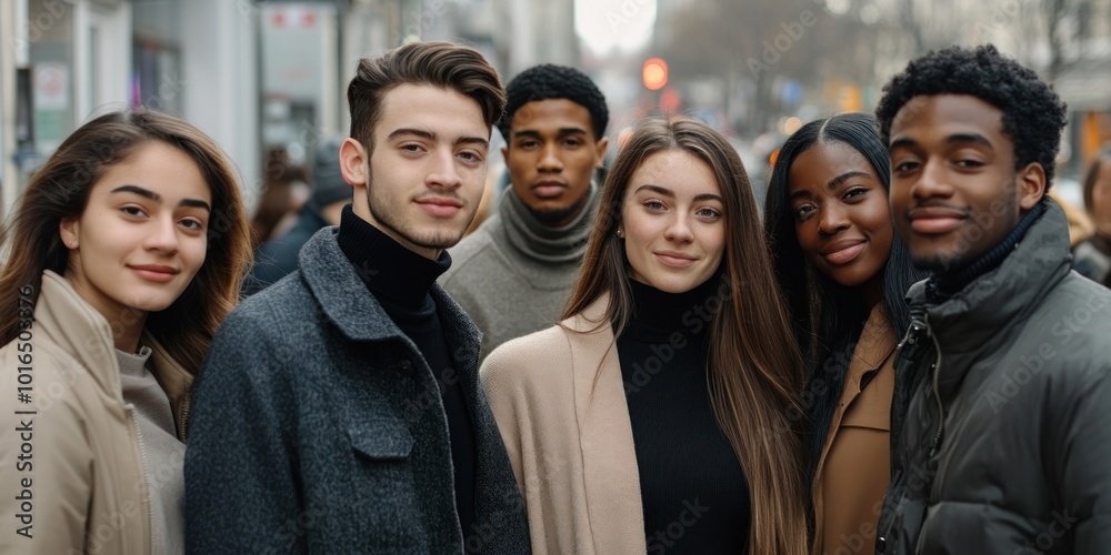 Realistic stock photo of a group portrait of a diverse crowd of young adults background clothing street. Realistic stock photo of a group portrait of a diverse crowd of young adults background clothing street.