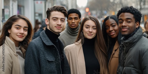 Realistic stock photo of a group portrait of a diverse crowd of young adults background clothing street. photo