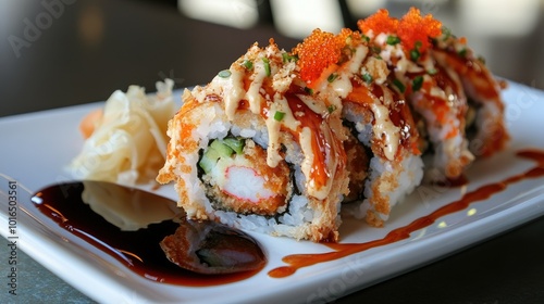 A colorful display of Asian cuisine featuring sushi, tempura, and a side of soy sauce, beautifully arranged on a decorative plate, perfect for showcasing the art of Japanese food.