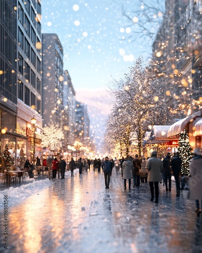 Urban Winter Street Scene with People Enjoying a Snowy Evening Walk