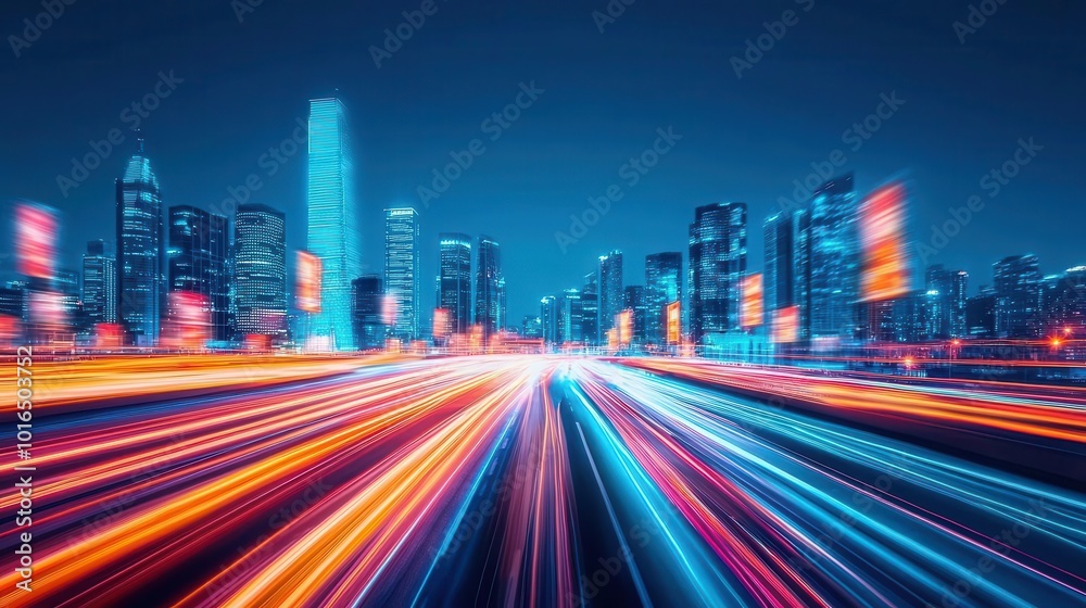 Vibrant city skyline with blurred lights, showcasing urban energy and movement at night, perfect for modern themes. Vibrant city skyline with blurred lights, showcasing urban energy and movement at night, perfect for modern themes.