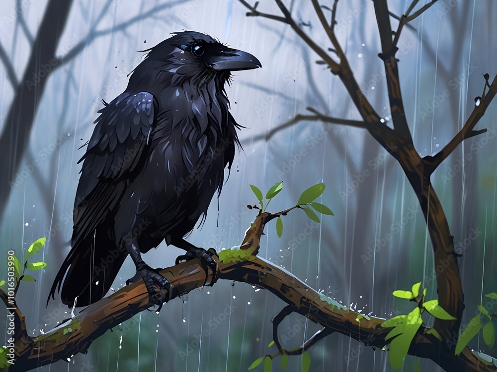 lonely crow raven bird sits on a branch in summer spring in the rain AI generated lonely crow raven bird sits on a branch in summer spring in the rain AI generated