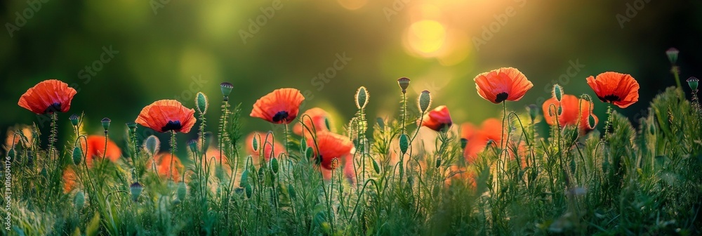 Obraz premium Vibrant Wild Grass with Red Poppies Against a Softly Blurred Green Background